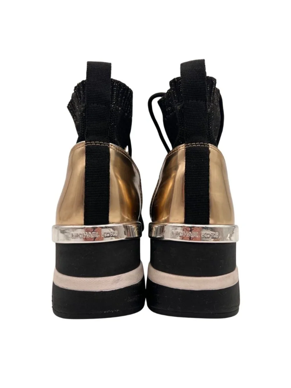 Michael Kors Skyler Elastic Bootie Wedge High Top Sneaker Womens Size 7 Metallic - Picture 5 of 16